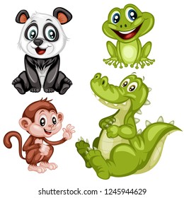 Vector Illustration of Happy Panda, Frog, Monkey and Alligator. Cute Cartoon Animals Sitting Isolated on a White Background. Happy Animals Set