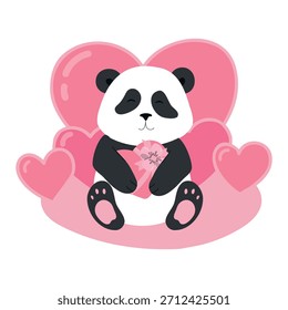 Ilustración vectorial de panda feliz con corazones en estilo de dibujos animados. Lindo bebé panda para el día de San Valentín o el amor temático panda. día de los amantes. 
