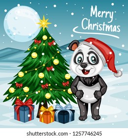Vector Illustration of a Happy Panda Next to Christmas Tree. Panda Wearing a Christmas Hat. Cute Cartoon Panda Cheering On Winter Background. Happy Animals Set