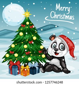 Vector Illustration of a Happy Panda Next to Christmas Tree. Panda Wearing a Christmas Hat. Cute Cartoon Panda Cheering On Winter Background. Happy Animals Set