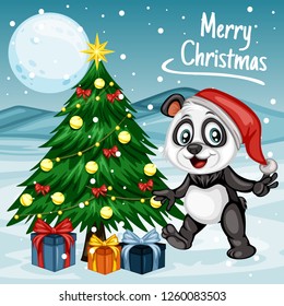 Vector Illustration of a Happy Panda Next to Christmas Tree. Panda Wearing a Christmas Hat. Cute Cartoon Panda Cheering On Winter Background