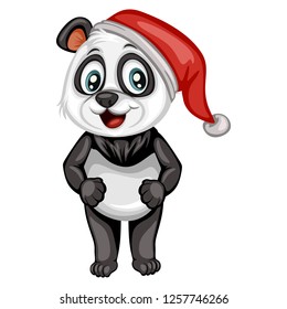 Vector Illustration of a Happy Panda with a Red Christmas Hat. Cute Cartoon Panda  Cheering Isolated on a White Background. Happy Animals Set