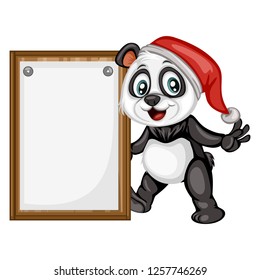 Vector Illustration of a Happy Panda with a Red Christmas Hat. Cute Cartoon Panda  Cheering Isolated on a White Background. Happy Animals Set