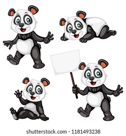 Vector Illustration of a Happy Panda Set. Cute Cartoon Pandas in Different Poses Isolated on a White Background. Happy Animals Set. Panda Lying, Sitting, Holding a Banner, Cheering