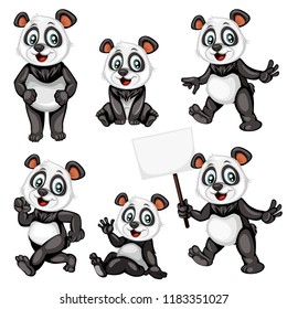 Vector Illustration of a Happy Panda Set. Cute Cartoon Pandas in Different Poses Isolated on a White Background. Happy Animals Set. Panda Sitting, Holding a Banner, Cheering, Running, Dancing