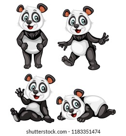 Vector Illustration of a Happy Panda Set. Cute Cartoon Pandas in Different Poses Isolated on a White Background. Happy Animals Set. Panda Lying, Sitting,  Cheering