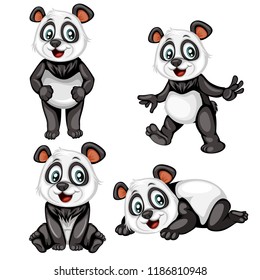 Vector Illustration of a Happy Panda Set. Cute Cartoon Pandas in Different Poses Isolated on a White Background. Happy Animals Set. Panda Lying, Sitting, Dancing Cheering