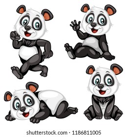 Vector Illustration of a Happy Panda Set. Cute Cartoon Pandas in Different Poses Isolated on a White Background. Happy Animals Set. Panda Lying, Sitting,  Cheering, Running
