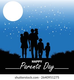 Vector illustration of happy parents day, with a bright blue sky background full of shining stars and a full moon