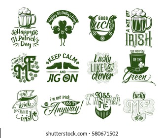 Vector illustration of happy Patrick day logo set. Hipster emblem, quote text design with green hat, emoji clover, mug of beer, orange beard, shoe, lips. Use for banners, greeting cards, gifts, poster