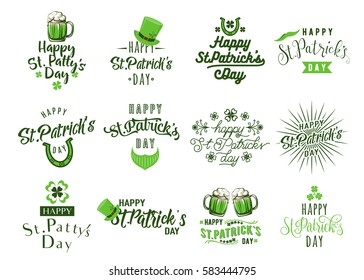 Vector illustration of happy patricks day typography lettering text design. Set of logo, emblems, greeting message, holiday card, overlay templates for patricks day isolated on white background