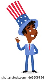 Vector illustration of happy patriotic cartoon American businessman wearing stars and stripes hat celebrating Fourth of July isolated on white background