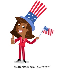 Vector illustration of happy patriotic cartoon African American business woman wearing stars and stripes hat celebrating giving thumbs up Fourth of July