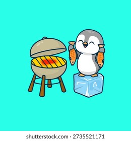 Vector illustration happy penguin character standing on an ice cube while holding a fresh fish ready to grill on a barbecue.