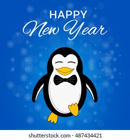 Vector illustration of happy penguin on a blue background with sparkles with the phrase happy new year. In a cartoon style. The picture in the book. Greeting. The item for printing. Card.