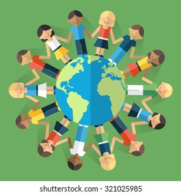 Vector illustration of happy people from all around the world standing on the globe and holding hands. Unity concept. Flat style. Eps 10.