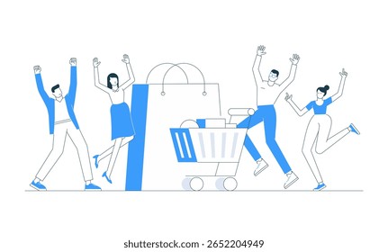 Ilustração vetorial de pessoas felizes celebrando uma venda de compras e desconto perto de um carrinho e saco. Inclui personagem, loja, vencedor, cliente, compra, conceito de oferta em marketing moderno e negócios.