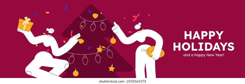 Vector illustration of a happy people, decorating christmas tree. Festive celebration concept. Merry Christmas and happy new year banner. Simple cheerful header with copyspace. 