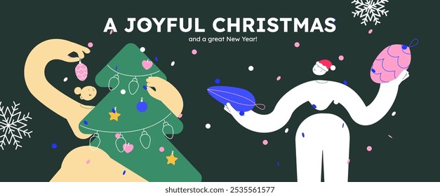 Ilustración vectorial de un pueblo feliz, decorando el árbol de Navidad y trayendo regalos. Concepto de celebración festiva. Felices Navidades y feliz Anuncio de año nuevo. Cabecera alegre simple con copyspace. 