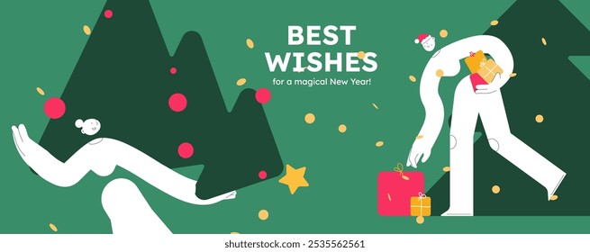 Ilustración vectorial de un pueblo feliz, decorando el árbol de Navidad y trayendo regalos. Concepto de celebración festiva. Felices Navidades y feliz Anuncio de año nuevo. Cabecera alegre simple con copyspace. 