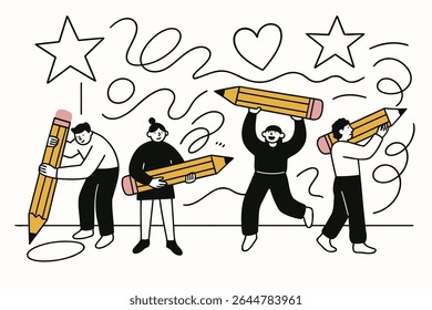 Vector illustration of happy people drawing with oversized pencils. Fun doodle style with stars, hearts, and squiggles. Ideal for creativity, teamwork, and design concepts. - Powered by Shutterstock - Get 15% off with code: PIKWIZARD15