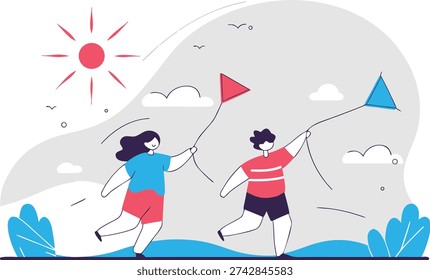 Vector illustration of happy people flying kites. Diverse group enjoying outdoor activity with sun and clouds.