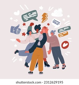 Vector illustration illustration of Happy people giving high five. Friends greeting or supporting each other. Informal hi gesture. Concept of friendship, partnership and success