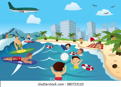 A vector illustration of happy people having fun on the beach