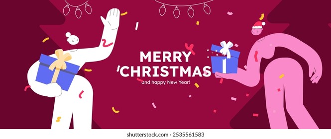 Vector illustration of a happy people, holding Christmas presents. Festive celebration concept. Merry Christmas and happy new year banner. Simple cheerful header with copyspace. 