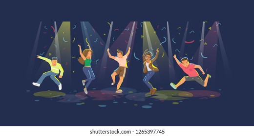 Vector illustration of of happy people jumping dancing on the party 