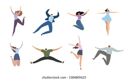 Vector illustration with happy people poses, jumping hand drawing cartoon characters. set 