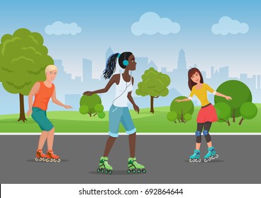 Vector illustration of happy people riding roller skates in the park.