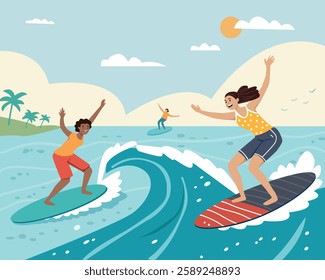 Vector illustration with the happy people who is engaged in active recreation, surfing in sea or ocean on the waves. Summertime hand drawn illustration. 