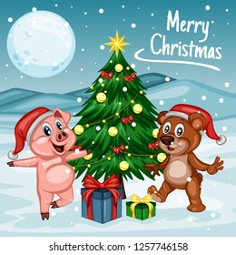 Vector Illustration of a Happy Pig and Bear Next to Christmas Tree. Pig and Bear Wearing a Christmas Hat. Cute Cartoon Pig and Bear Cheering On Winter Background. Happy Animals Set