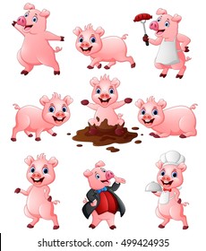 Vector illustration of  Happy pig cartoon collection set 