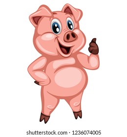 Vector Illustration of a Happy Pig. Cute Cartoon Pig Showing Thumb Up Isolated on a White Background. Happy Animals Set