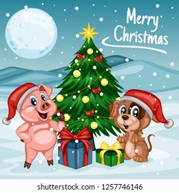 Vector Illustration of a Happy  Pig and Dog  Next to Christmas Tree. Pig and Dog  Wearing a Christmas Hat. Cute Cartoon Pig and Dog Cheering On Winter Background. Happy Animals Set