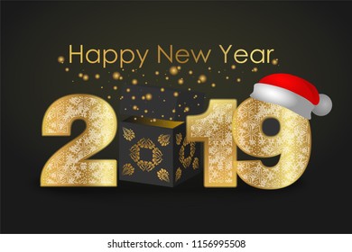Vector illustration of happy Pig new year 2019 gold numeral with glitter snowflakes ornament  on black background with dark gift box. Red Santa hat on number font.