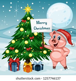 Vector Illustration of a Happy Pig Next to Christmas Tree. Wearing a Christmas Hat and holding Text Banner. Cute Cartoon Pig Cheering On Winter Background. Happy Animals Set