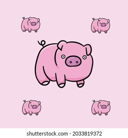 Vector illustration of the happy pig on pink background. 