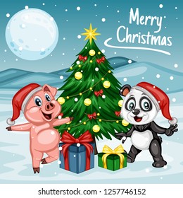 Vector Illustration of a Happy Pig and Panda Next to Christmas Tree. Pig and Panda Wearing a Christmas Hat. Cute Cartoon Pig and Panda Cheering On Winter Background. Happy Animals Set