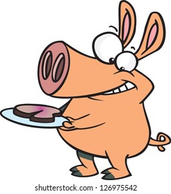 Vector illustration of happy pig with roast beef