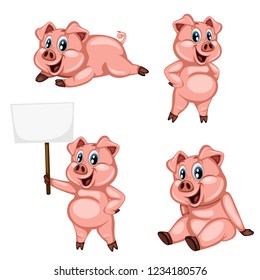 Vector Illustration of a Happy Pig Set. Cute Cartoon Pigs in Different Poses Isolated on a White Background. Happy Animals Set. Pig Holding a Banner, Cheering, Sitting, Laying