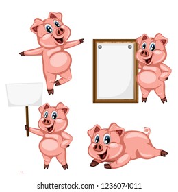 Vector Illustration of a Happy Pig Set. Cute Cartoon Pigs in Different Poses Isolated on a White Background. Happy Animals Set. Pig Holding a Banner, Cheering, Laying, Dancing