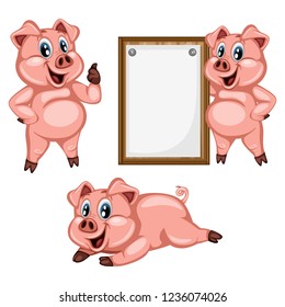 Vector Illustration of a Happy Pig Set. Cute Cartoon Pigs in Different Poses Isolated on a White Background. Happy Animals Set. Pig Holding a Banner, Showing Thumb Up, Laying