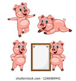 Vector Illustration of a Happy Pig Set. Cute Cartoon Pigs in Different Poses Isolated on a White Background. Happy Animals Set. Pig Holding a Banner, Cheering, Laying, Dancing