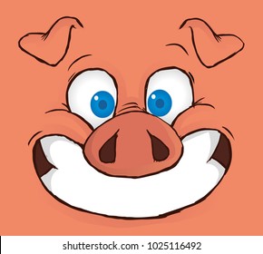 Vector illustration of happy pig's snout. Big smile. Blue eye