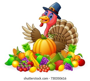 Vector illustration of Happy pilgrim turkey bird cartoon with fruits and vegetables