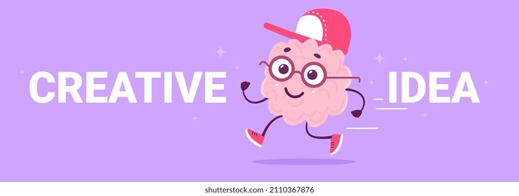 Vector illustration of happy pink brain character in glasses and cap with word creative idea on color background. Flat doodle style knowledge concept design of happy human brain character with word