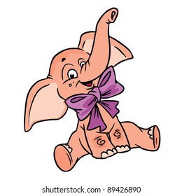 Vector Illustration of happy pink elephant with bow basket in color ; isolated on background.